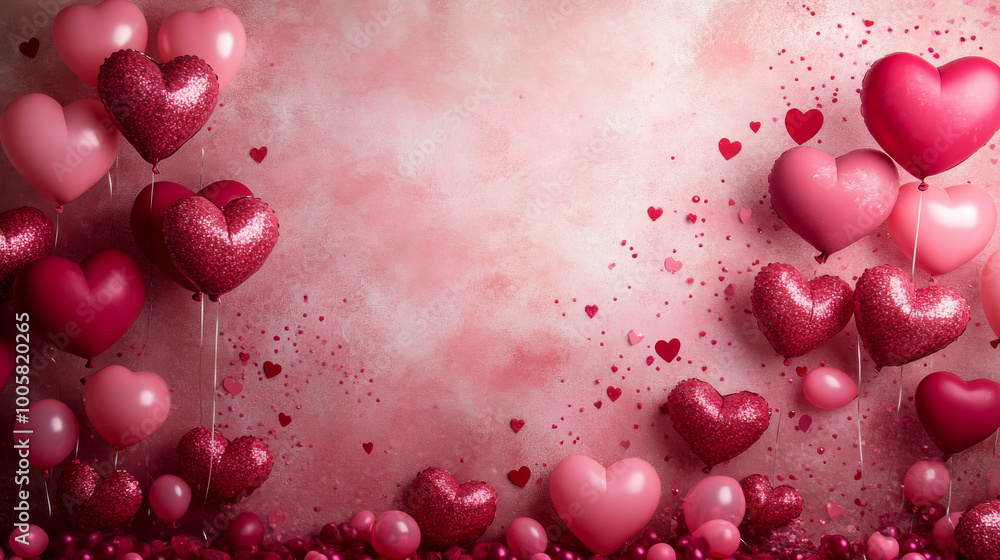 A pink background with many red hearts and balloons A pink background with many red hearts and balloons