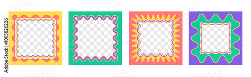 Vector set of square wavy frames with scallop edges. Squiggle photo border with zig zag edge. Wiggly groovy shapes, color funky geometric text box frameworks or curvy mirrors with jagged borders