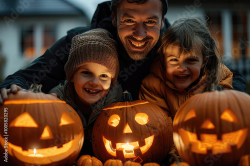 While carving their Halloween pumpkins, a father and two children have fun. photo