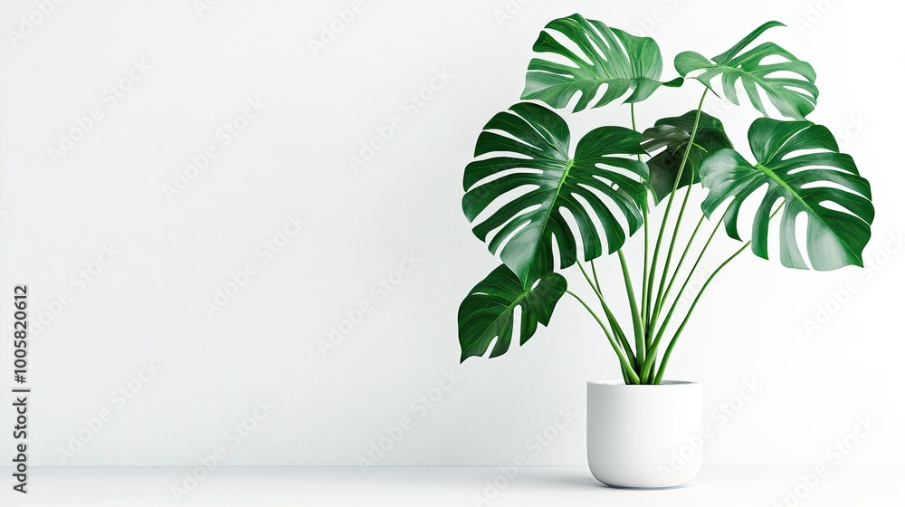 Monstera deliciosa with large split leaves in a white ceramic pot, isolated on a white background. A perfect indoor plant aesthetic for modern, minimalist interiors. Monstera deliciosa with large split leaves in a white ceramic pot, isolated on a white background. A perfect indoor plant aesthetic for modern, minimalist interiors.
