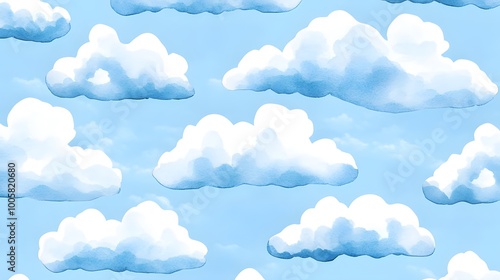 Watercolor Blue Sky with White Clouds Seamless Pattern Background