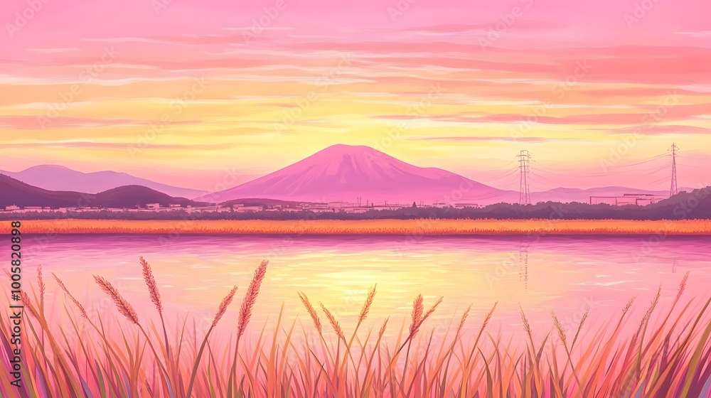 Obraz premium Mountain Sunset Landscape with Water Reflection and Grass