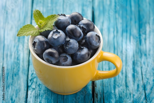 Yellow mug filled with blueberries on rustic blue surface with mint photo