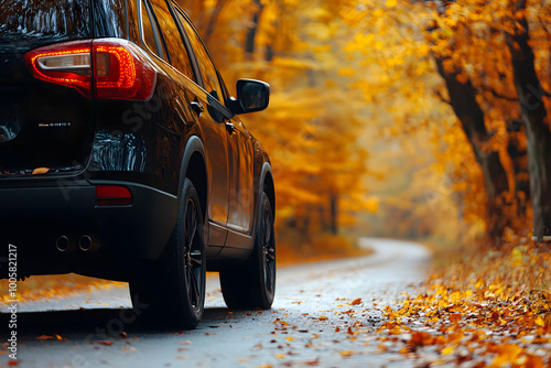 Close up of black SUV car driving along road past colorful trees on autumn day