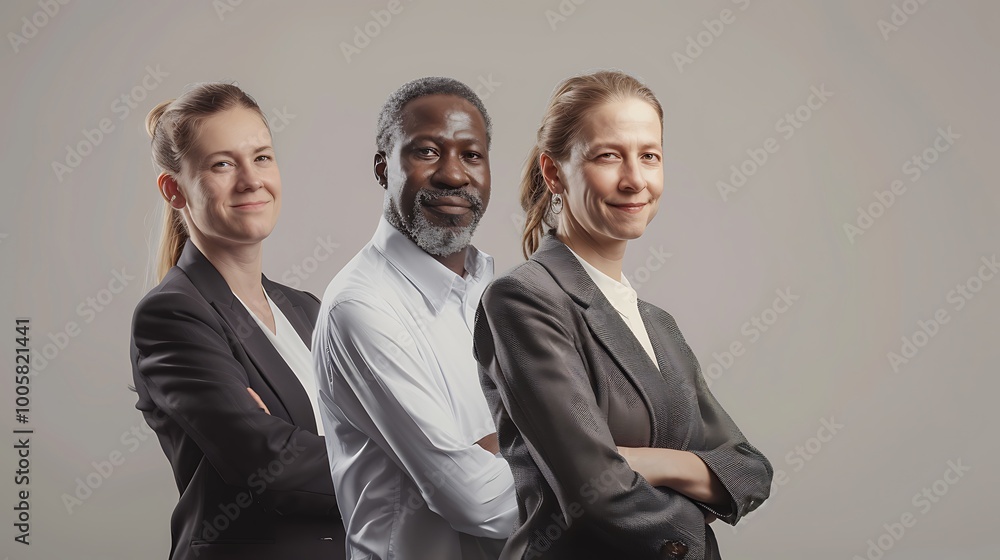 Three professionals standing confidently in a line, showcasing diversity and teamwork in a neutral background. Three professionals standing confidently in a line, showcasing diversity and teamwork in a neutral background.