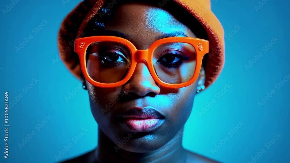 Portrait of a woman in bright orange glasses and hat on a blue background Portrait of a woman in bright orange glasses and hat on a blue background
