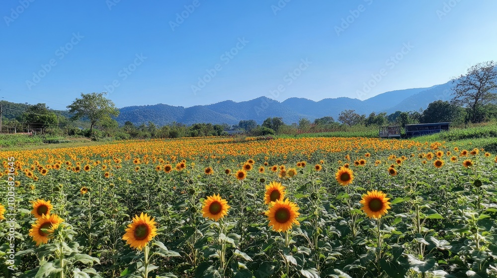The colorful flower fields at Wang Nam Khiao, with sunflowers blooming under a clear blue sky. The colorful flower fields at Wang Nam Khiao, with sunflowers blooming under a clear blue sky.