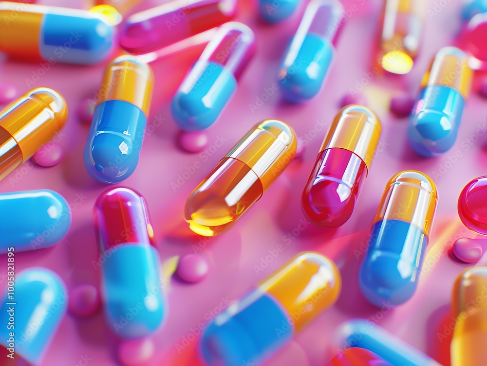 Colorful capsules scattered on a pink surface. Colorful capsules scattered on a pink surface.