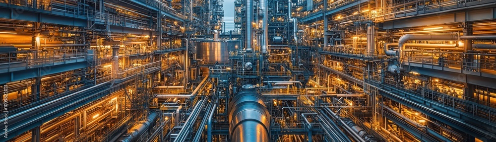 Industrial Complex with Illuminated Pipes and Machinery at Dusk