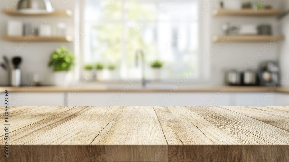 Natural wood counter surface with a blurred, bright white kitchen interior in the background. Perfect for showcasing food or product displays. Natural wood counter surface with a blurred, bright white kitchen interior in the background. Perfect for showcasing food or product displays.