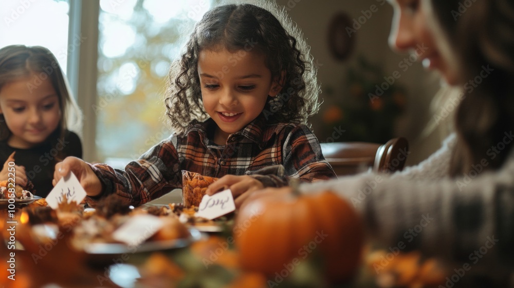 Young girl placing name cards at a Thanksgiving table Young girl placing name cards at a Thanksgiving table