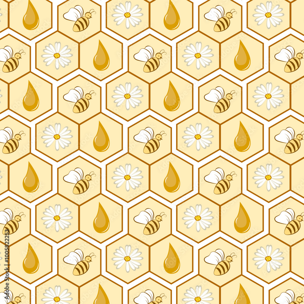 Pattern with bees in honeycombs.Honeycombs with flowers and bees in a seamless vector pattern. Pattern with bees in honeycombs.Honeycombs with flowers and bees in a seamless vector pattern.