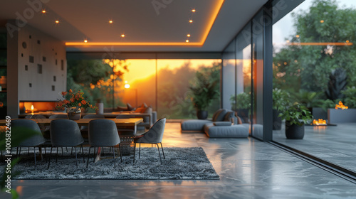 Wallpaper Mural modern dining area with stunning sunset view, featuring elegant furniture and lush greenery. warm ambiance creates cozy atmosphere perfect for gatherings Torontodigital.ca