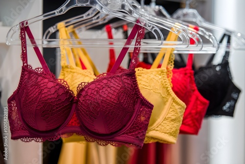 Bras on display in boutique, intricate lace detailing, and colorful variety