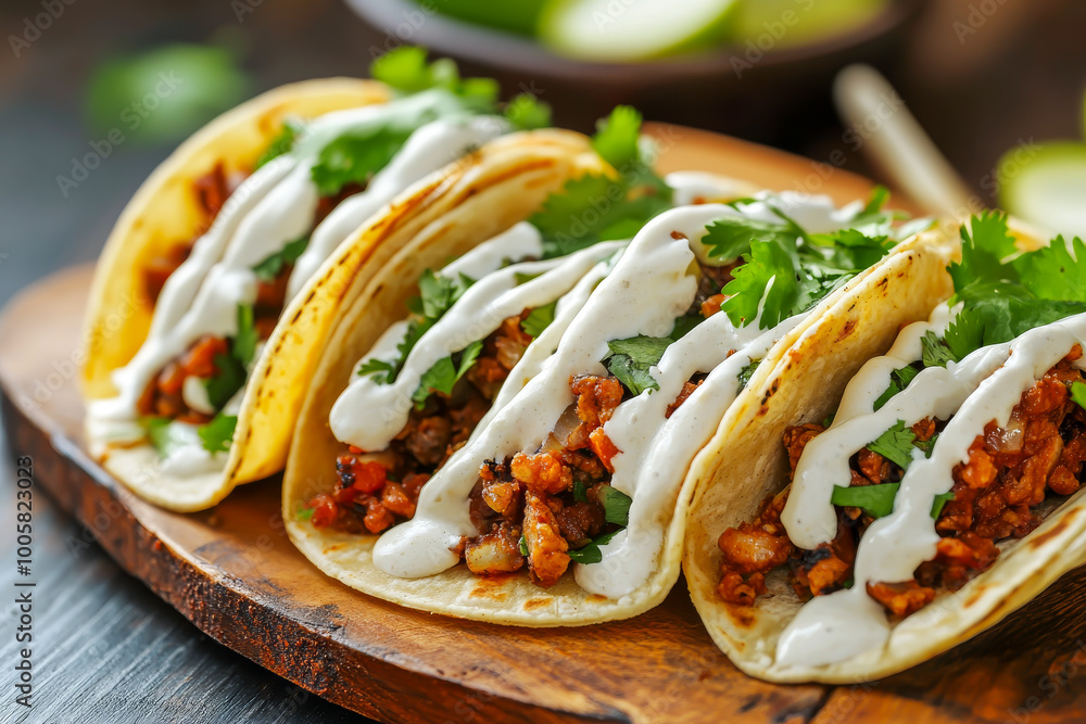 A plate of tacos with a white sauce on top. The tacos are piled on top of each other and are covered in a white sauce A plate of tacos with a white sauce on top. The tacos are piled on top of each other and are covered in a white sauce