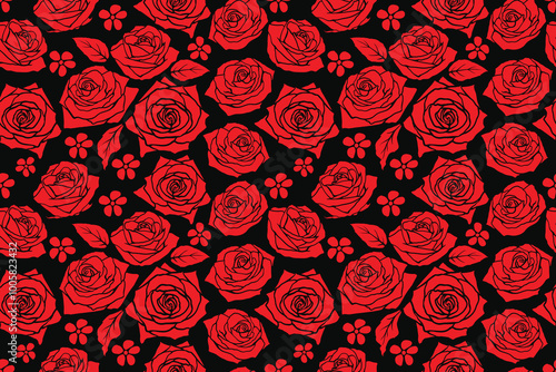 Seamless pattern floral red Rose flowers abstract stripes background.Vector illustration hand drawing.for fabric, textile, curtain design or Product packaging