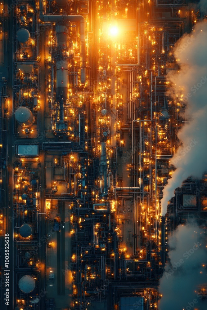 Aerial View of Industrial Complex at Night with Illuminated Pipes and Steam Emissions Aerial View of Industrial Complex at Night with Illuminated Pipes and Steam Emissions