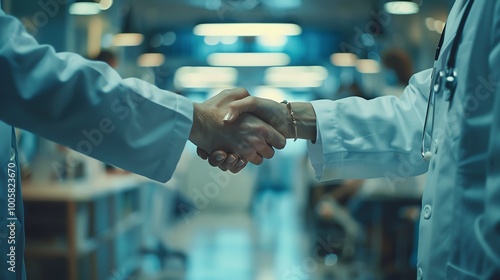Two doctors shaking hands in a hospital hallway.