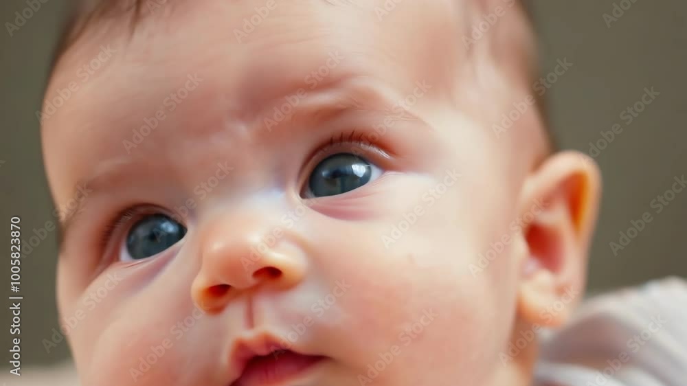 Close-up of a curious baby with big blue eyes Close-up of a curious baby with big blue eyes