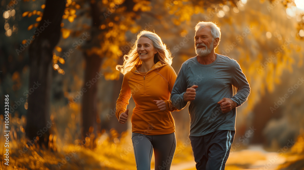 Fototapeta premium Elderly couple running through a vibrant park in autumn