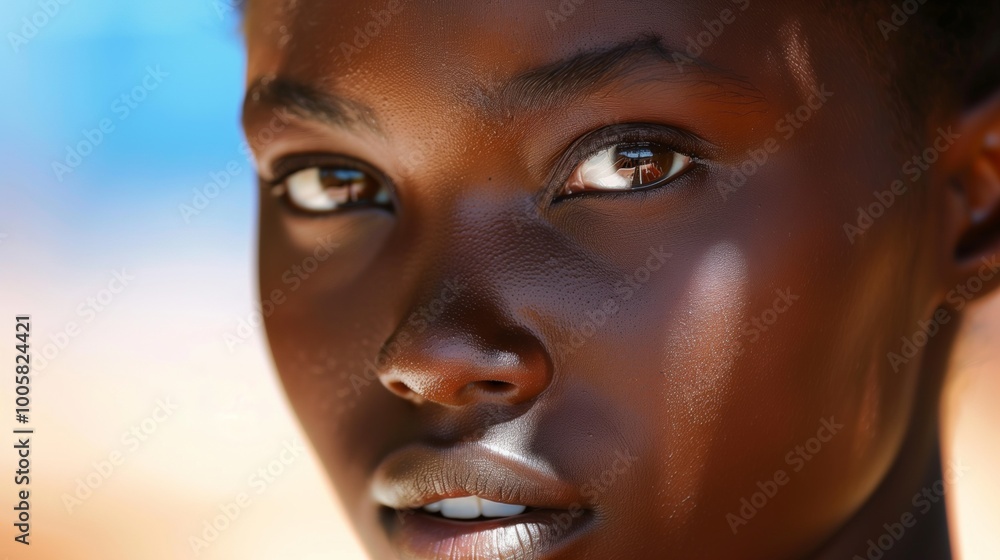 A young black, African American woman looks directly into the camera, expressive eyes, lips slightly open. The portrait is close-up, cropped to show only beautiful face against a blurred background A young black, African American woman looks directly into the camera, expressive eyes, lips slightly open. The portrait is close-up, cropped to show only beautiful face against a blurred background