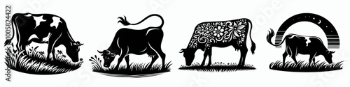 A series of stylized silhouettes depicting cows in various poses, showcasing their grazing habits and different patterns.