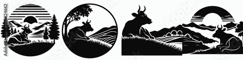 The image features black-and-white illustrations of cows in pastoral scenes, framed within circular designs, showcasing rural tranquility.