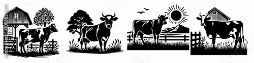 A vintage-style black and white illustration featuring cows, barns, and natural scenery, evoking a pastoral farm setting.