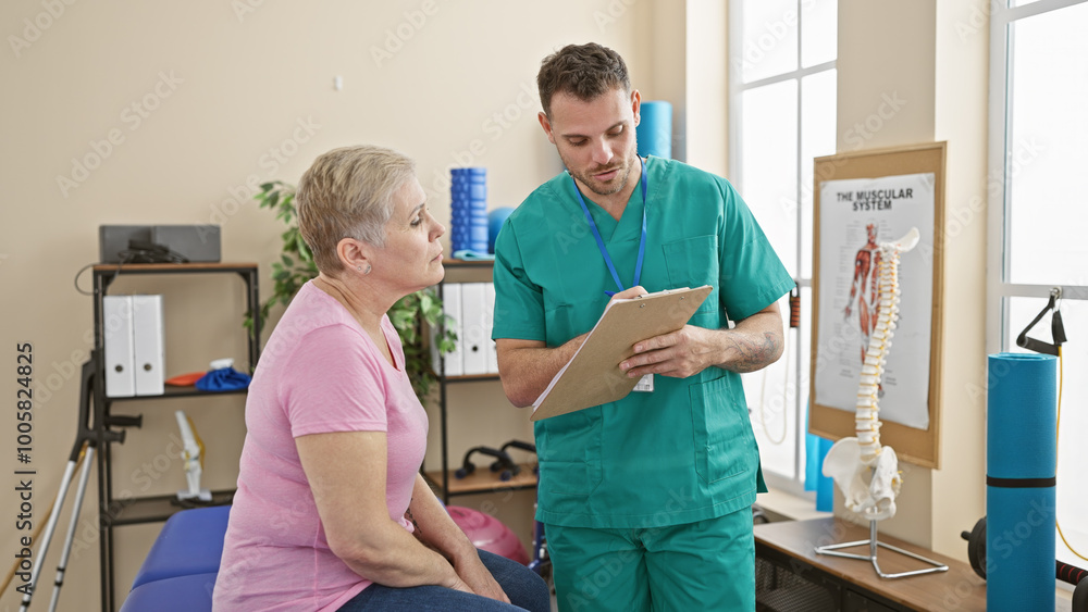 A woman consults with a male physiotherapist in a well-equipped rehab clinic, discussing treatment options. A woman consults with a male physiotherapist in a well-equipped rehab clinic, discussing treatment options.