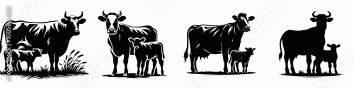The image features black silhouettes of cows and calves grouped together, showcasing their form and familial bonds.