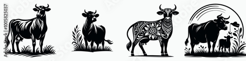 A collection of artistic cow illustrations showcasing different designs and styles, emphasizing rural and agricultural themes.