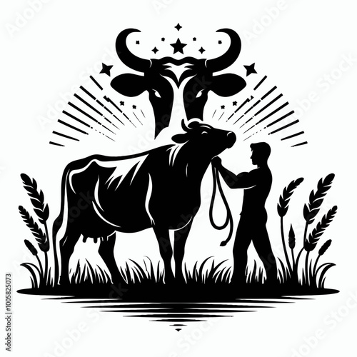 A silhouette of a farmer leading a cow, with rays and stars in the background, symbolizing agriculture and livestock.