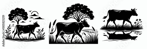 A serene black and white illustration featuring cows in a pastoral setting with trees and natural scenery.