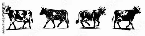 Four stylized cows walking in a row, showcasing different patterns in black and white against a simple background.