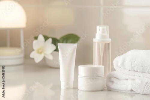 A collection of white skincare bottles and jars on a bathroom countertop, emphasizing beauty and personal care products.