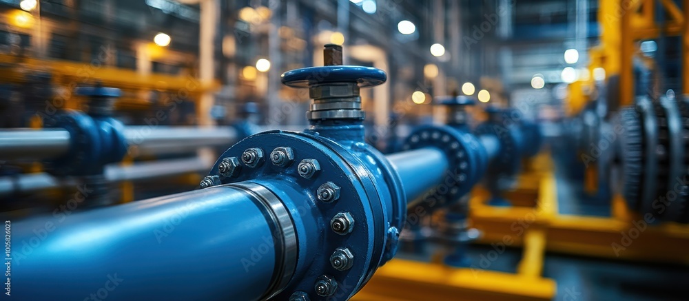 Industrial Pipeline System in Modern Factory with Blue Valves and Metal Components Industrial Pipeline System in Modern Factory with Blue Valves and Metal Components