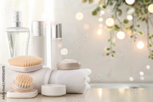 A collection of white skincare bottles and jars on a bathroom countertop, emphasizing beauty and personal care products.