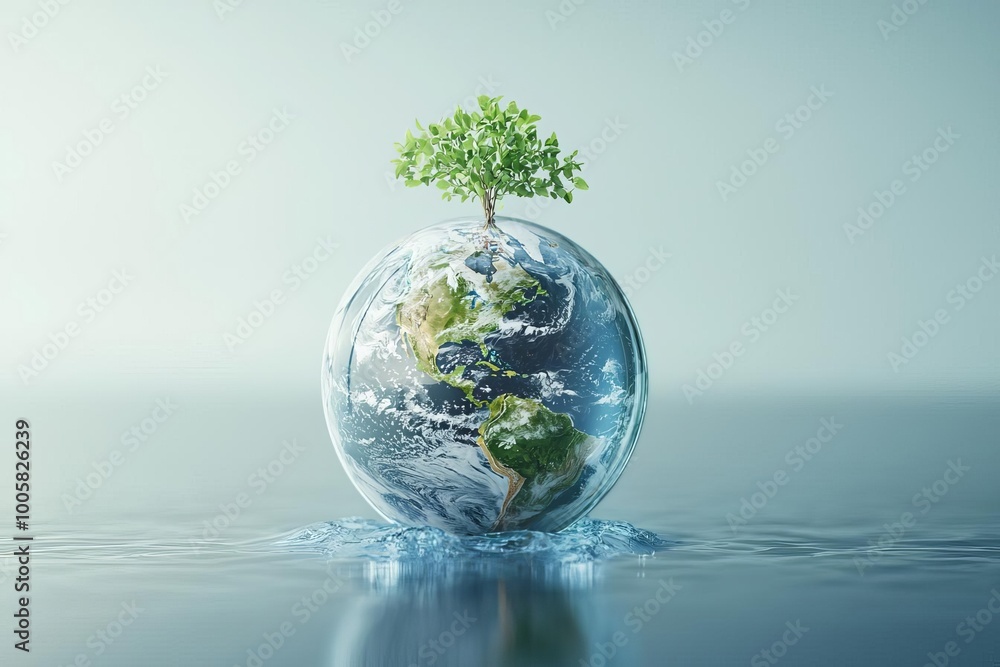 A small tree growing on a globe in calm water, symbolizing environmental sustainability. A small tree growing on a globe in calm water, symbolizing environmental sustainability.