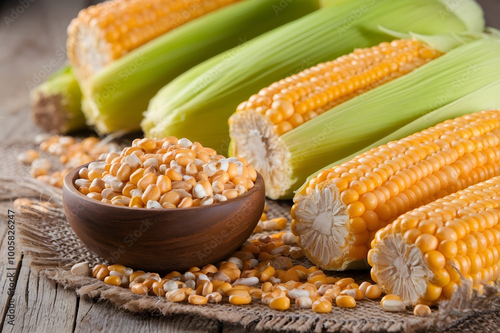 Corn kernels in a bowl, surrounded by cobs on rustic wooden surface Corn kernels in a bowl, surrounded by cobs on rustic wooden surface