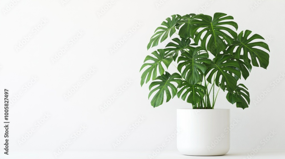 Potted Monstera deliciosa in a white planter on a pristine white background. The vibrant green leaves spread wide, showcasing their characteristic fenestrations. Potted Monstera deliciosa in a white planter on a pristine white background. The vibrant green leaves spread wide, showcasing their characteristic fenestrations.