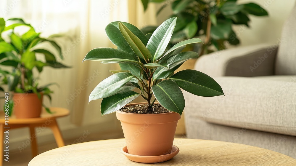 Fototapeta premium Potted rubber plant (Ficus elastica) with broad, shiny leaves. Known for its air-purifying abilities, it adds a touch of greenery to any indoor setting.