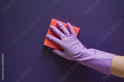 Purple gloved hand holds red sponge on deep purple background for cleaning photo