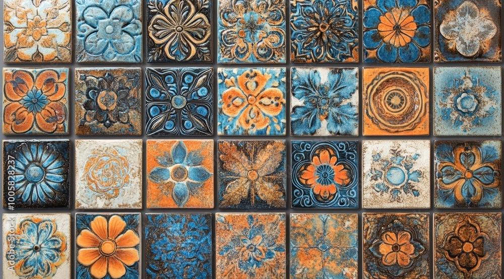 A tile with various intricate floral patterns in shades of blue, orange, and brown, showcasing the beauty of handcrafted ceramic tiles for home decor or interior design. A tile with various intricate floral patterns in shades of blue, orange, and brown, showcasing the beauty of handcrafted ceramic tiles for home decor or interior design.