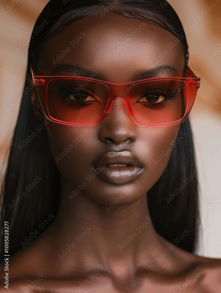 an African American woman wearing clear, red-framed sunglasses with a square shape and thin rims. The frames have straight edges and large lenses. She has long, black hair in a sleek style. an African American woman wearing clear, red-framed sunglasses with a square shape and thin rims. The frames have straight edges and large lenses. She has long, black hair in a sleek style.