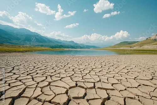 Cracked soil landscape near a lake under a clear blue sky.