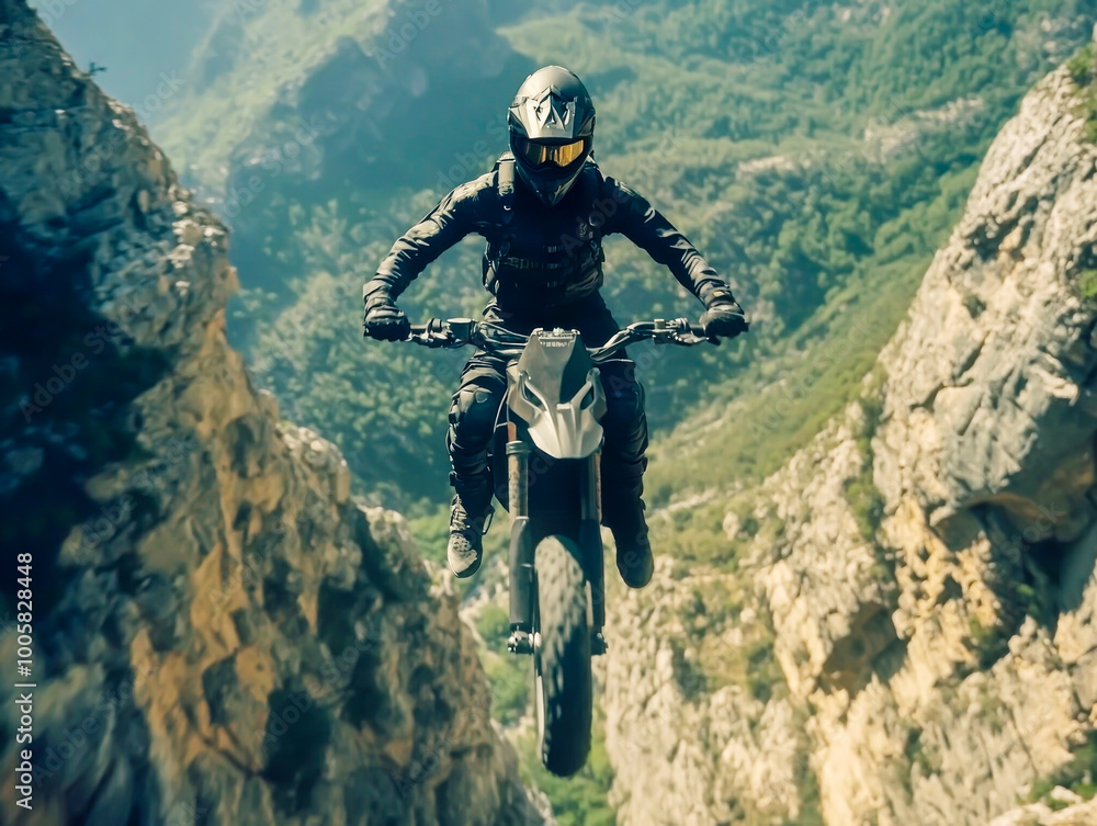 Obraz premium A man is riding a motorcycle on a rocky mountain. Concept of adventure and excitement, as the man is performing a stunt on his motorcycle