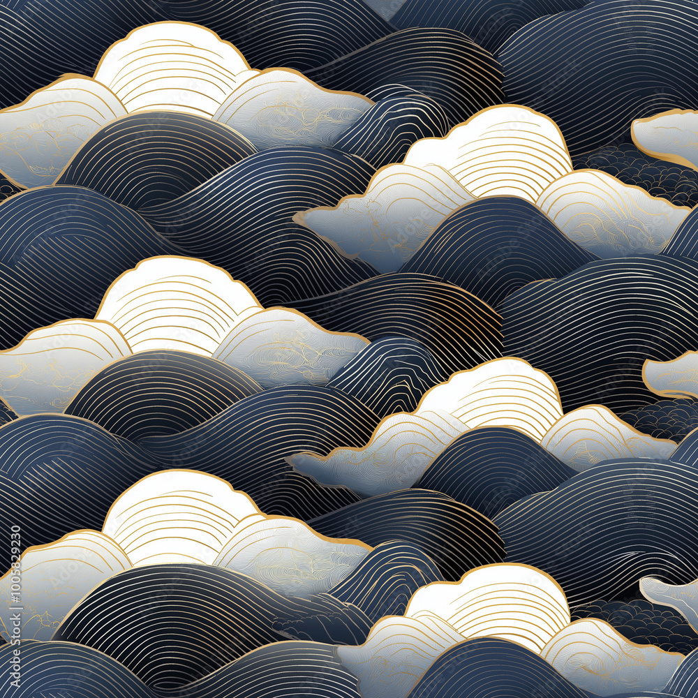 Obraz premium Seigaiha seamless pattern with overlapping wave lines and delicate gold highlights