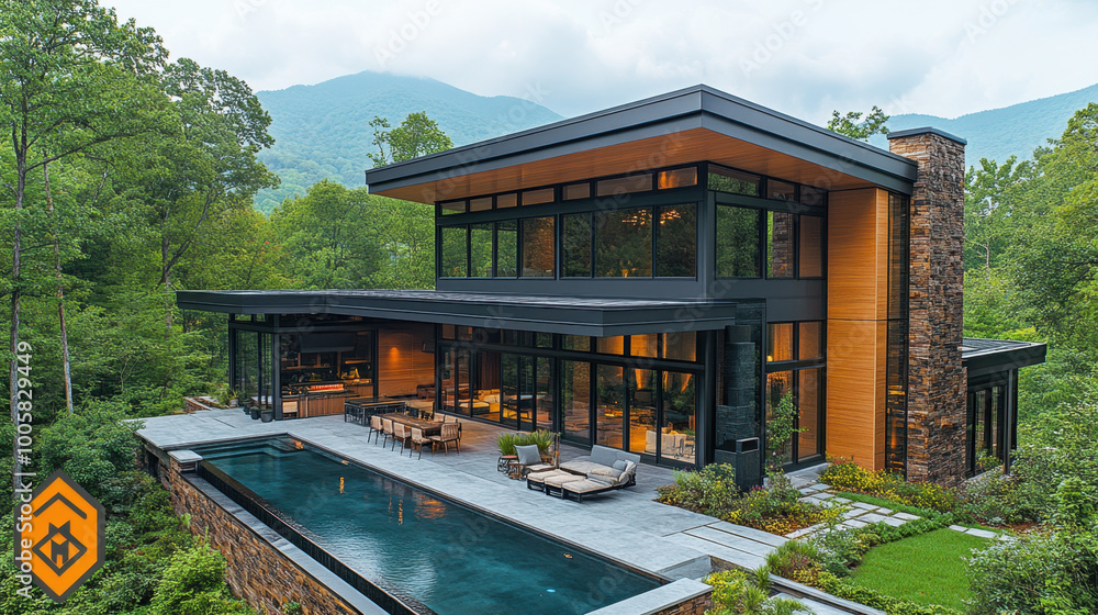 Modern house with large windows and sleek design, surrounded by lush greenery and mountains. outdoor pool complements contemporary architecture, creating serene atmosphere Modern house with large windows and sleek design, surrounded by lush greenery and mountains. outdoor pool complements contemporary architecture, creating serene atmosphere