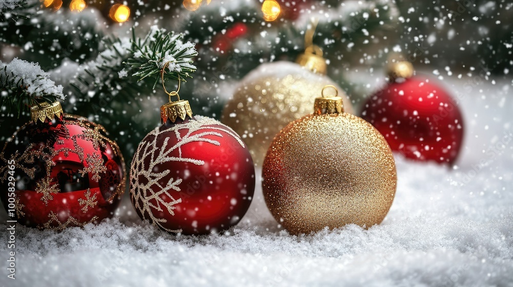 Red and gold Christmas baubles placed on snow, with a snow-covered Christmas tree framing the scene. Falling snowflakes add a peaceful touch to this holiday moment. Red and gold Christmas baubles placed on snow, with a snow-covered Christmas tree framing the scene. Falling snowflakes add a peaceful touch to this holiday moment.