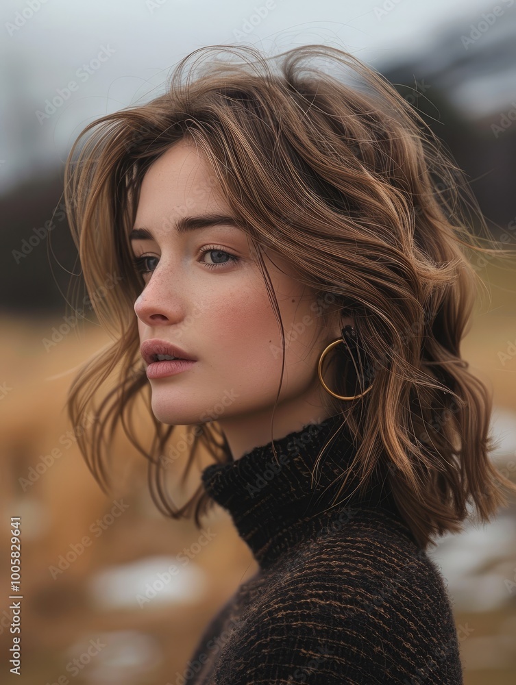 A woman with shoulder-length brown hair with highlights, in profile looking at the distant. A woman with shoulder-length brown hair with highlights, in profile looking at the distant.